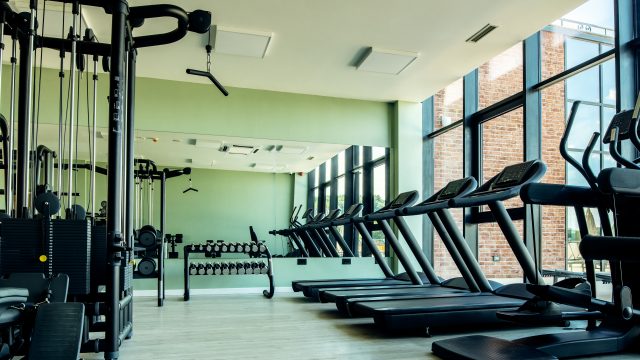 Health club without people with exercise equipment.